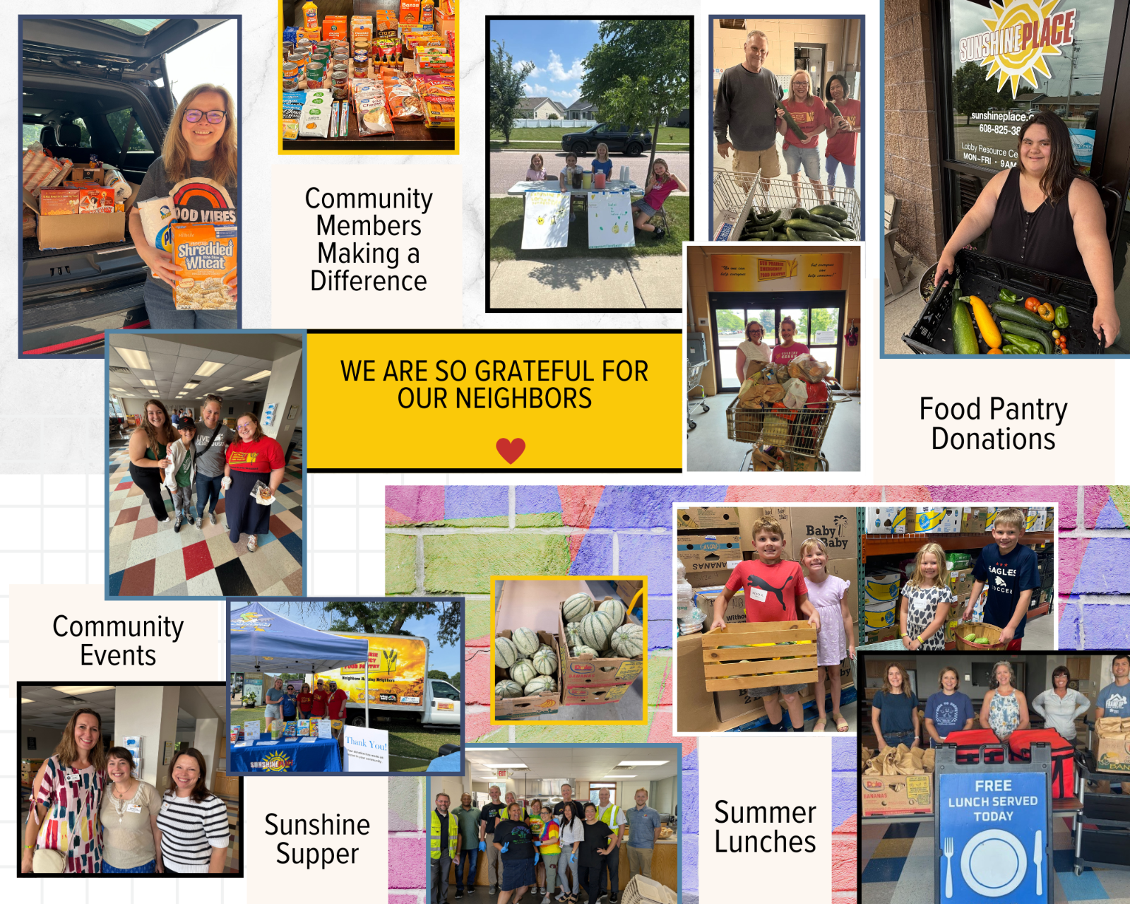 A colorful collage of photos shows a variety of people holding donations, helping build summer lunches, attending a community event, or helping with Sunshine Supper.