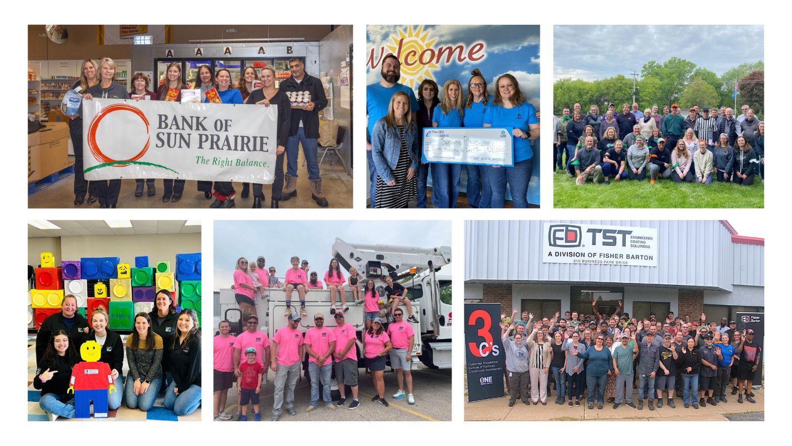 A collage of 6 groups of people, who are employees of select businesses competing in the summer food drive competition.