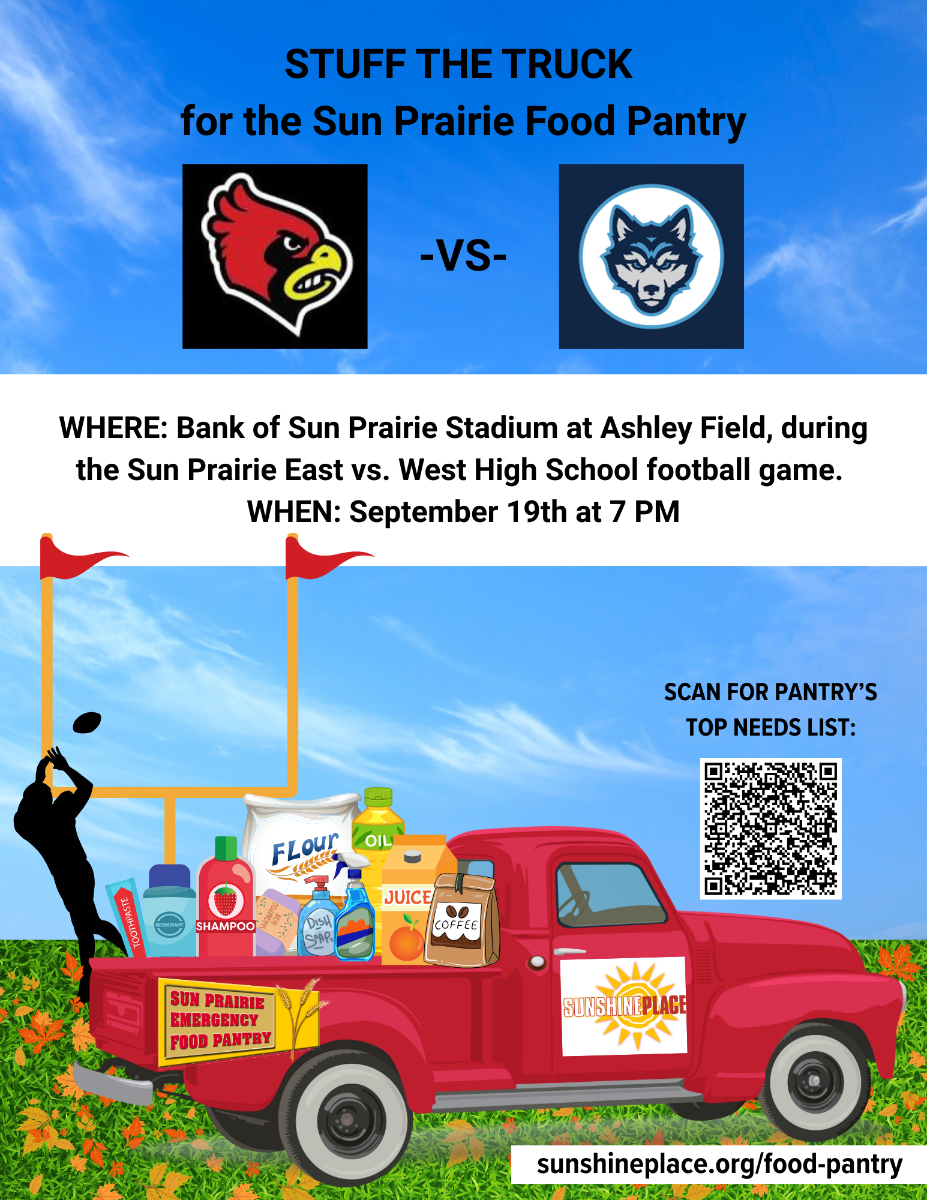 A red truck on a football field sprinkled with autumn leaves is filed with food pantry essentials. Details of the event are written along with a QR code to scan for  the top needs list.